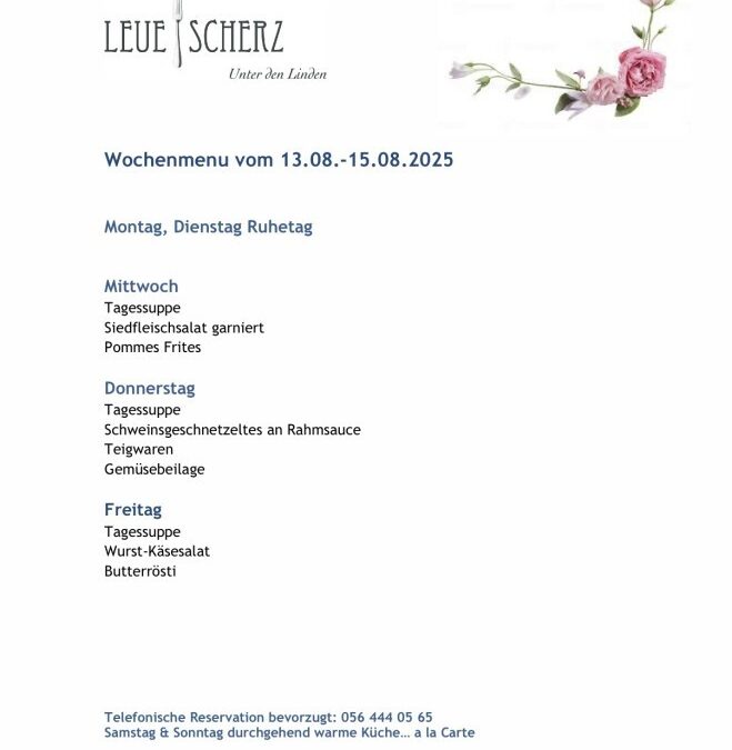 Wochenmenu vom 13.08. bis zum 15.08.2025