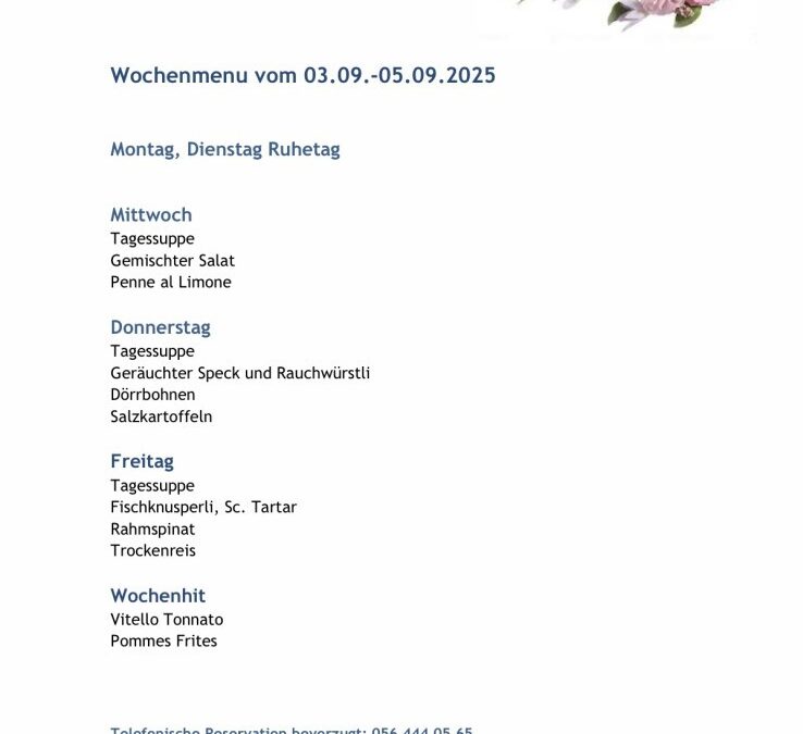 Wochenmenu vom 03.09. bis zum 05.09.2025