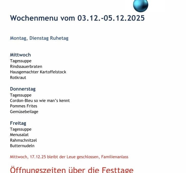 Wochenmenu vom 03.12. bis zum 05.12.2025